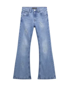 Jeans flare a lavaggio chiaro stone washed in cotone stretch con strass 8-14 anni