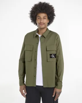 Overshirt verde militare in ripstop di cotone stretch con tasche applicate